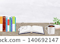 Taking a break with coffee and reading; table background watercolor illustration 140692147