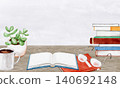 Taking a break with coffee and reading; table background watercolor illustration 140692148