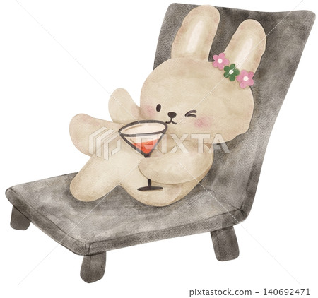 Summer bunny rabbit sassy beach retro summer vibe on sunbed watercolor illustration Summer bunny rabbit sassy beach retro summer vibe on sunbed watercolor illustration 140692471
