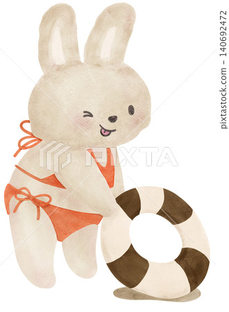 Summer bunny rabbit sassy bikini beach retro summer vibe with swimring watercolor illustration Summer bunny rabbit sassy bikini beach retro summer vibe with swimring watercolor illustration 140692472