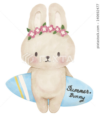 Summer bunny rabbit sassy beach retro summer vibe with surfboard watercolor illustration Summer bunny rabbit sassy beach retro summer vibe with surfboard watercolor illustration 140692477