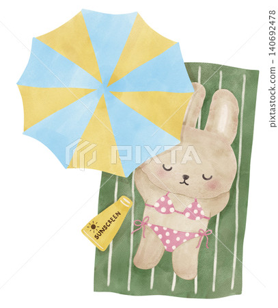 Summer bunny rabbit sassy bikini sunbath beach retro summer vibe watercolor illustration Summer bunny rabbit sassy bikini sunbath beach retro summer vibe watercolor illustration 140692478