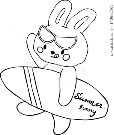 Outline Sassy summer bunny rabbit retro set in summer vibe with beach accessories coquette style for Coloring book 140692505