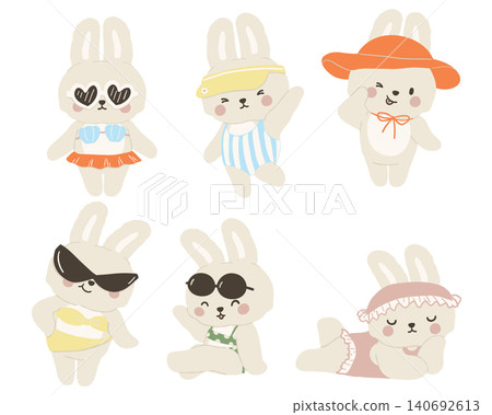 Sassy summer bunny rabbit retro set in summer vibe with beach accessories coquette style Sassy summer bunny rabbit retro set in summer vibe with beach accessories coquette style 140692613