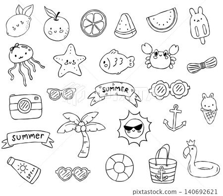 Cute summer beach coloring page with bunny characters and vacation elements bundle set Cute summer beach coloring page with bunny characters and vacation elements bundle set 140692621