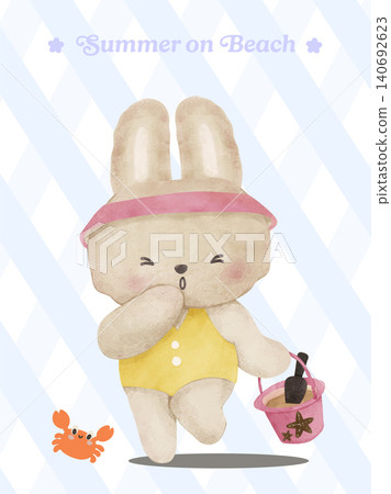 Coquette watercolor summer bunny rabbit with sand bucket on retro blue diamond background Coquette watercolor summer bunny rabbit with sand bucket on retro blue diamond background 140692623