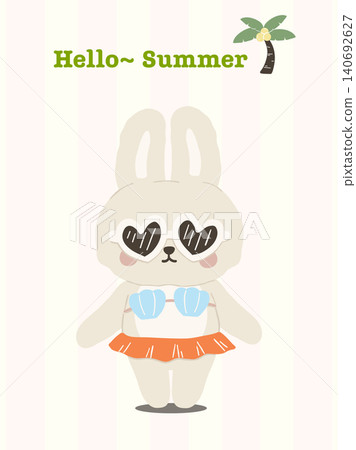 Coquette summer bunny rabbit retro heart sunglasses and colorful swimsuit on stripe background 140692627
