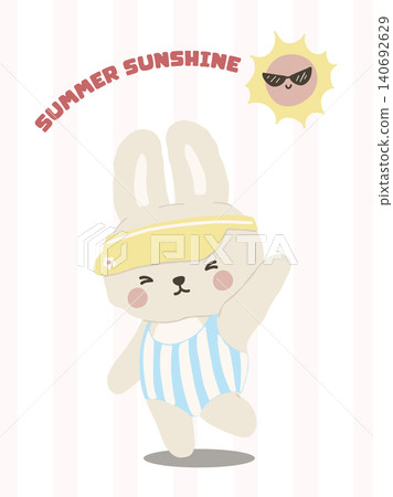 Coquette summer sunshine bunny rabbit with yellow sun visor and striped swimsuit on retro pink background Coquette summer sunshine bunny rabbit with yellow sun visor and striped swimsuit on retro pink background 140692629