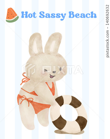Coquette watercolor summer bunny rabbit in orange bikini with swim ring on retro blue striped background 140692632