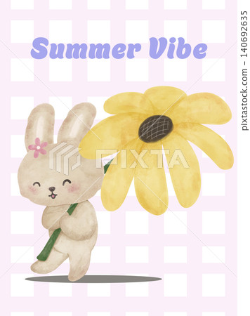 Coquette watercolor summer bunny rabbit with big sunflower on retro checked background 140692635