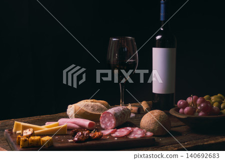 Red wine and assorted gourmet charcuterie board with sliced cheeses, salami, ham, bread, olives, and grapes, creating a luxurious still life tasting experience Red wine and assorted gourmet charcuterie board with sliced cheeses, salami, ham, bread, olives, and grapes, creating a luxurious still life tasting experience 140692683