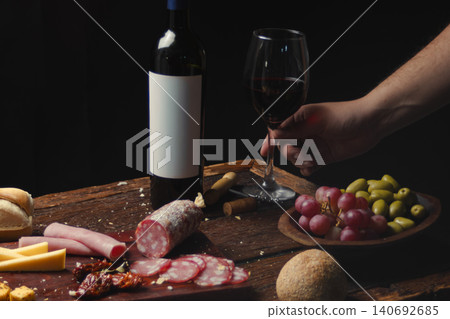 Hand lifting a glass of red wine, surrounded by a charcuterie board with sliced salami, ham, cheese, olives, grapes, bread, and sun dried tomatoes on a dark wooden surface Hand lifting a glass of red wine, surrounded by a charcuterie board with sliced salami, ham, cheese, olives, grapes, bread, and sun dried tomatoes on a dark wooden surface 140692685