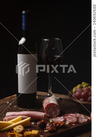 Red wine bottle and glass with a gourmet charcuterie board featuring salami, ham, various cheeses, dried tomatoes, olives, and grapes, arranged on dark textured wood against a black background 140692688