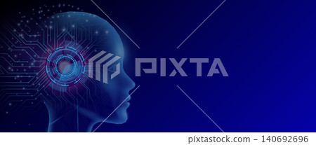 Human head profile visualizing an artificial intelligence brain with digital circuit lines and a glowing core, representing data processing, innovation, and technological evolution Human head profile visualizing an artificial intelligence brain with digital circuit lines and a glowing core, representing data processing, innovation, and technological evolution 140692696