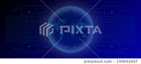 Globalized world map featuring binary code inside a glowing sphere with connecting network lines, symbolizing advanced AI, data transfer, and future innovation 140692697
