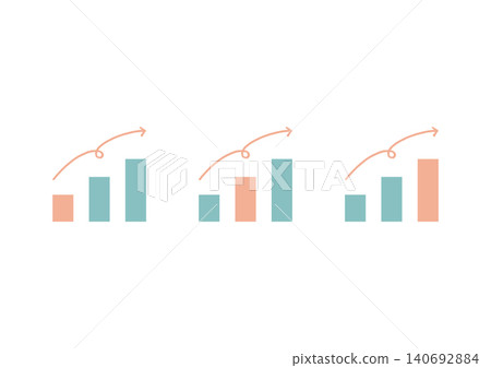A set of illustrations (pink and green) featuring a bar graph with one bar of a different color sloping upwards and a hand-drawn, curving arrow. A set of illustrations (pink and green) featuring a bar graph with one bar of a different color sloping upwards and a hand-drawn, curving arrow. 140692884