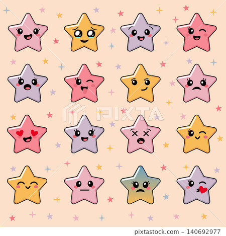 Adorable cartoon stars emotional faces collection, pastel color palettes vector illustration with friendly characters for greeting cards and baby shower design Adorable cartoon stars emotional faces collection, pastel color palettes vector illustration with friendly characters for greeting cards and baby shower design 140692977