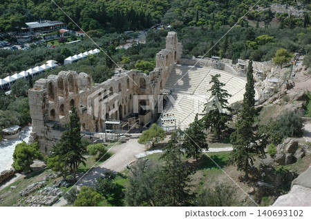 High angle view of Odeon of Herodes Atticus amphitheater ruins Athens Greece High angle view of Odeon of Herodes Atticus amphitheater ruins Athens Greece 140693102