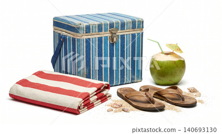 Summer beach picnic items including striped bag towel and coconut with flipflops vacation tropical refreshment recreation accessory footwear container lifestyle composition relaxing Summer beach picnic items including striped bag towel and coconut with flipflops vacation tropical refreshment recreation accessory footwear container lifestyle composition relaxing 140693130