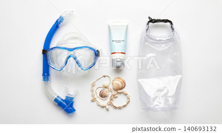 Snorkeling gear with diving mask and sunscreen tube snorkeling sunscreen seashells swimming snorkels sunblock protection vacation equipment activity recreation underwater adventure Snorkeling gear with diving mask and sunscreen tube snorkeling sunscreen seashells swimming snorkels sunblock protection vacation equipment activity recreation underwater adventure 140693132