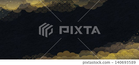 奢華的日式背景，飾以金色青海波紋和雲朵圖案。 140693589