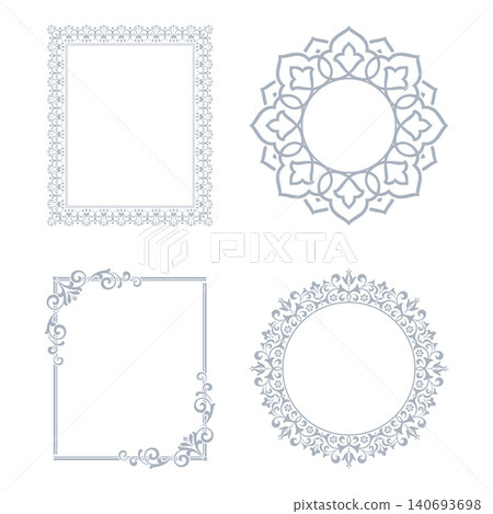 Set of decorative frames Elegant vector element for design in Eastern style, place for text. Floral gray and white frames. Lace illustration for invitations and greeting cards Set of decorative frames Elegant vector element for design in Eastern style, place for text. Floral gray and white frames. Lace illustration for invitations and greeting cards 140693698