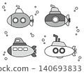 一組可愛的潛水艇插圖，黑白輪廓線繪製。 140693833