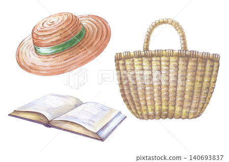 Hand-drawn watercolor summer vacation accessories set on a isolated background. For summer designs, stickers, and cards 140693837