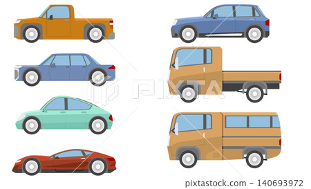 Collection of flat vector vehicle icons shown from a side view profile. Set includes various automobiles such as a sports car, sedan, pickup truck, SUV, and commercial trucks. Isolated white color. 140693972