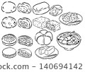 一組10個日式點心，帶有水墨筆觸插圖 140694142
