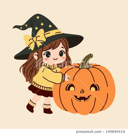 Adorable Witch Girl and Smiling Pumpkin Clipart Adorable Witch Girl and Smiling Pumpkin Clipart 140694419