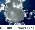 Fluffy white cumulus cloud floating in deep blue sky on bright sunny day with sunlight glowing behind soft cloudscape 140694473