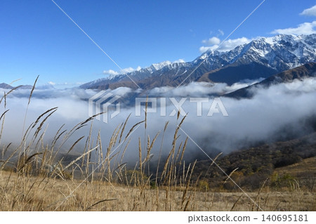 Stunning landscape with swirling clouds and snow-capped peaks Stunning landscape with swirling clouds and snow-capped peaks 140695181