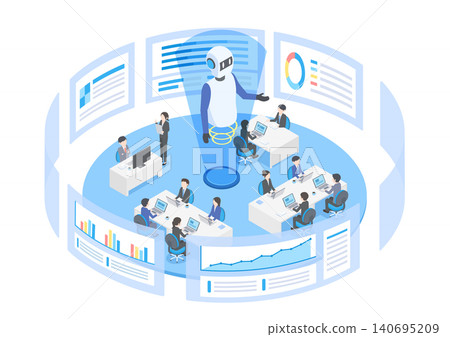 An isometric illustration of an office where AI is supporting operations across the entire organization. An isometric illustration of an office where AI is supporting operations across the entire organization. 140695209