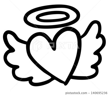 Hand drawn heart with angel wings outline for Valentine's day, sign, symbol, shirt print, cute patch, sticker, wedding card, brooch, pin, love message, tattoo, women empowerment, kid colouring book 140695236