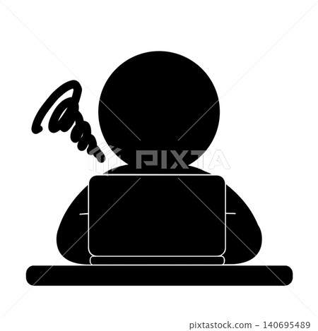 A pictogram of a person working on a computer while worrying. 140695489