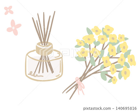 手繪插圖，描繪了一個室內香薰機和一束黃色花朵。 140695816