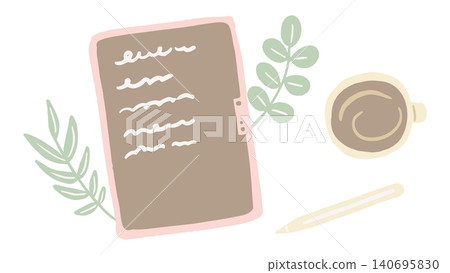 A hand-drawn illustration of someone working at a desk with a tablet and coffee. A hand-drawn illustration of someone working at a desk with a tablet and coffee. 140695830