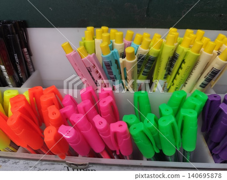 colorful pens neatly arranged on the shelf.yogyakarta oktober-26-2024 colorful pens neatly arranged on the shelf.yogyakarta oktober-26-2024 140695878