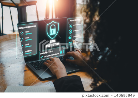 Modern office setting showcasing data privacy compliance with a focus on digital security and protection. 140695949