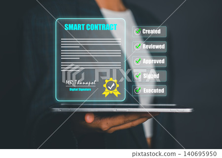 Illustration of smart contract management showcasing digital automation and blockchain technology. 140695950