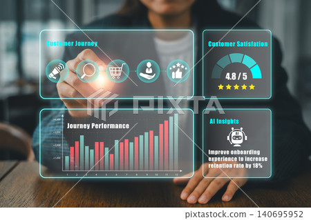 Futuristic interface showcasing AI analytics for customer experience with graphs and performance metrics. Futuristic interface showcasing AI analytics for customer experience with graphs and performance metrics. 140695952