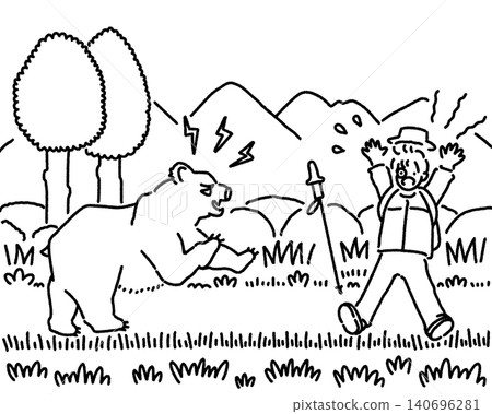 A black and white illustration of a man surprised to encounter a bear on a mountain path. A black and white illustration of a man surprised to encounter a bear on a mountain path. 140696281