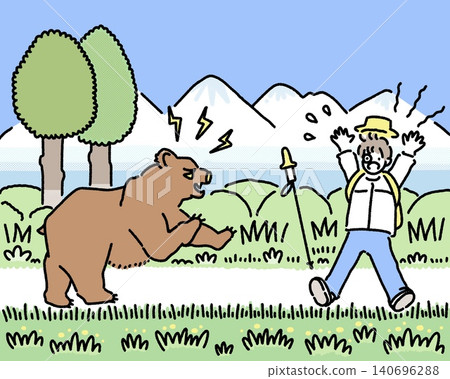 A color illustration of a man surprised to encounter a bear on a mountain path. A color illustration of a man surprised to encounter a bear on a mountain path. 140696288