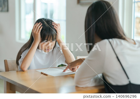 A mother teaching her child, and the child who doesn't want to. 140696296
