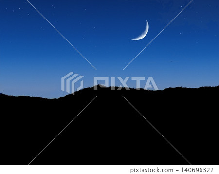 night photo in the mountains with a crescent moon night photo in the mountains with a crescent moon 140696322