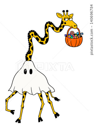 Giraffe in a Ghost Costume Holding a Candy Basket 140696784