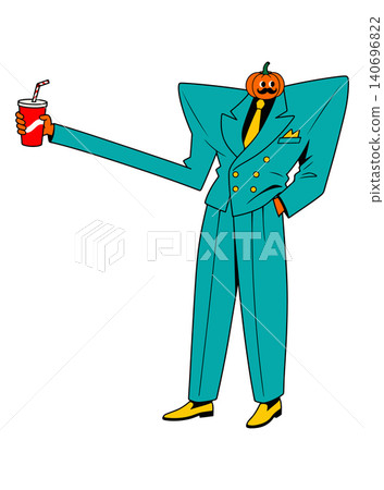 Pumpkin Headed Man in a Teal Suit Holding a Soda Pumpkin Headed Man in a Teal Suit Holding a Soda 140696822