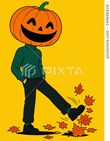 Jack-o'-lantern kicking autumn leaves Jack-o'-lantern kicking autumn leaves 140696828