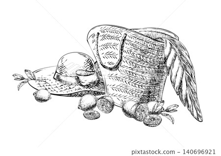 Woven beach bag with fresh lemons and palm leaf line art sketch. Hand drawn black ink summer holiday composition with straw hat isolated on white for citrus festival flyer and eco market poster Woven beach bag with fresh lemons and palm leaf line art sketch. Hand drawn black ink summer holiday composition with straw hat isolated on white for citrus festival flyer and eco market poster 140696921